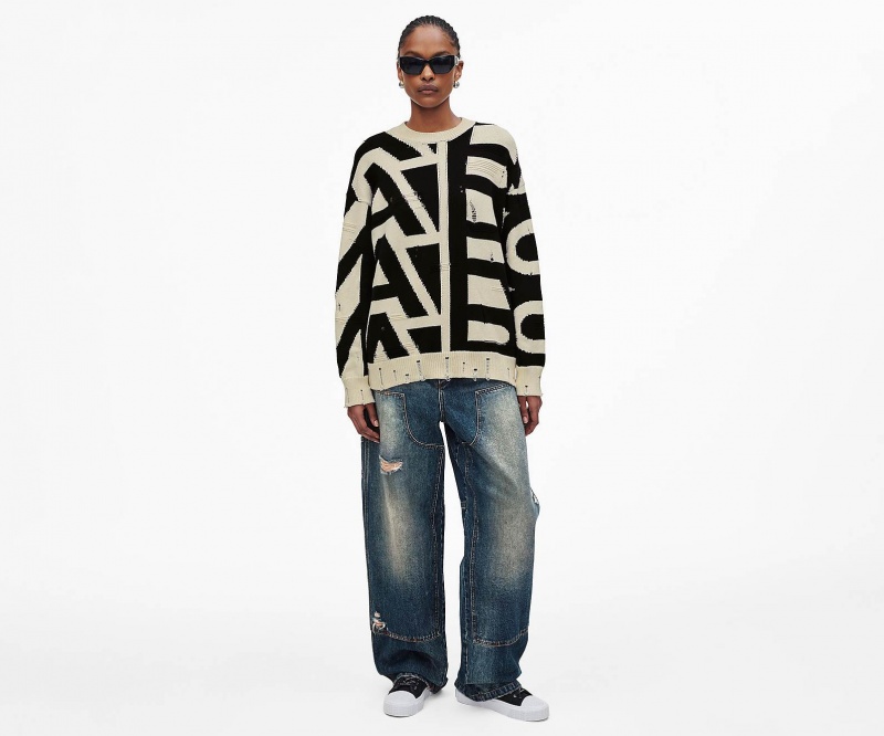 Marc Jacobs Distressed Monogram Oversize Sweater Cream / Black | USA_MJ53468